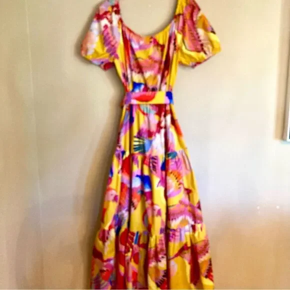 SOLD FARM Rio Neon Macaws Maxi Dress Beaded Tropical Bird Yellow Pink Size L - Picture 13 of 16